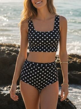 Albion Fit NWT Black Polka Dot Olivia Crop High Waisted bikini Set Size Small